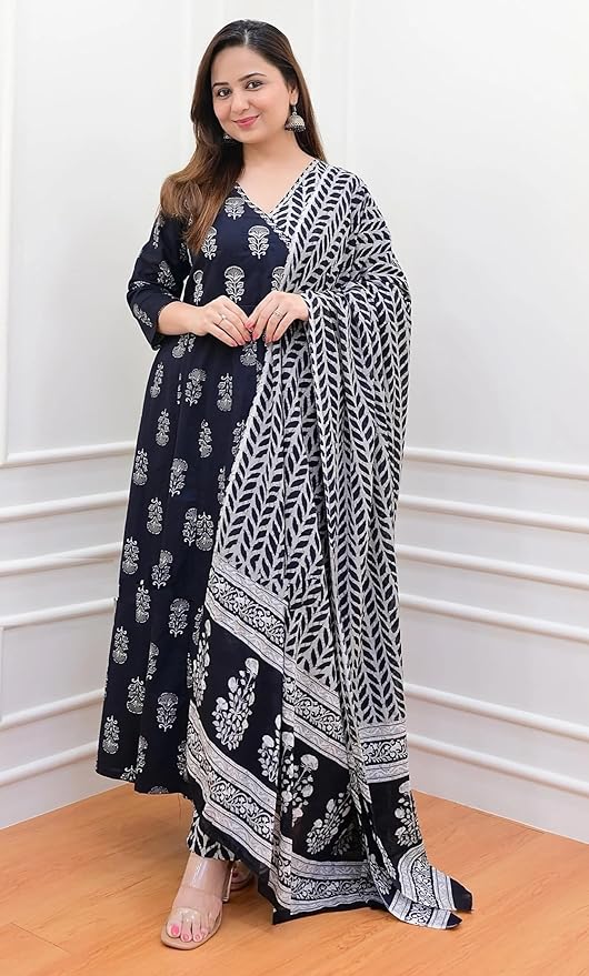 Women Block Printed Anagarakha Kurta Set with Dupatta