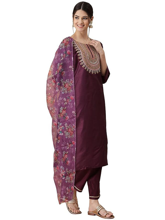 Women's Embroidered Silk Blend Kurta Pant and Dupatta Set