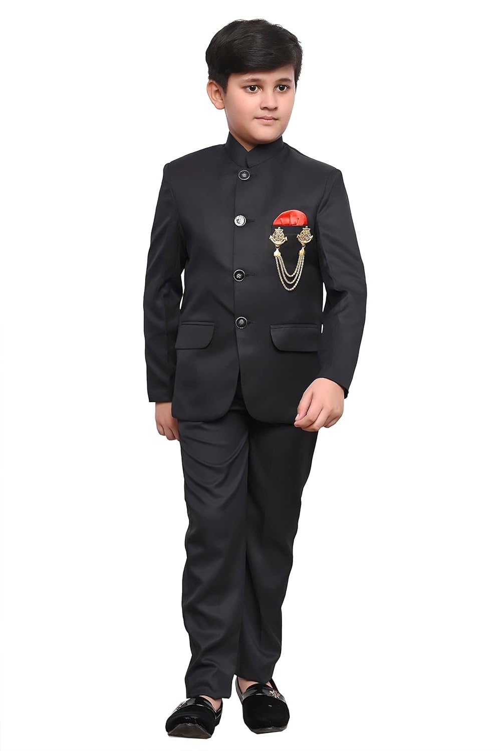 Cotton Blend Kids Wear 2-Pcs Jodhpuri and Pant with Brooch for Boys