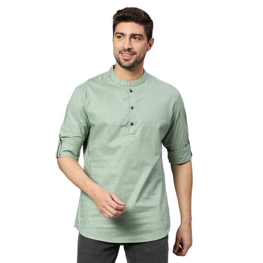 Mens's solid slim fit cotton kurta shirt with mandarin collar