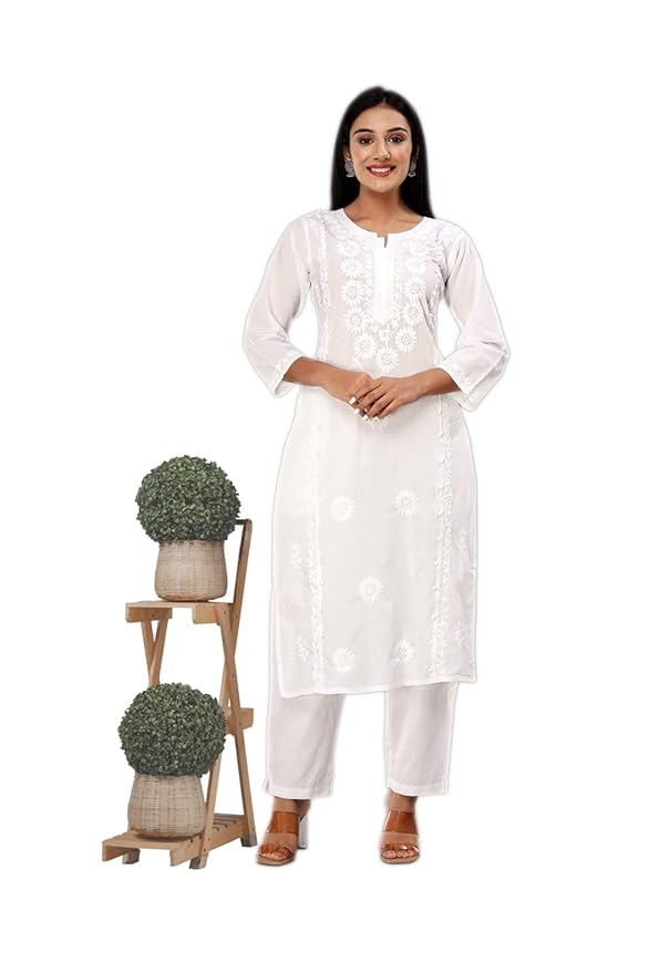 Women's Chikan Embroidery White Pure Cotton Straight Kurta